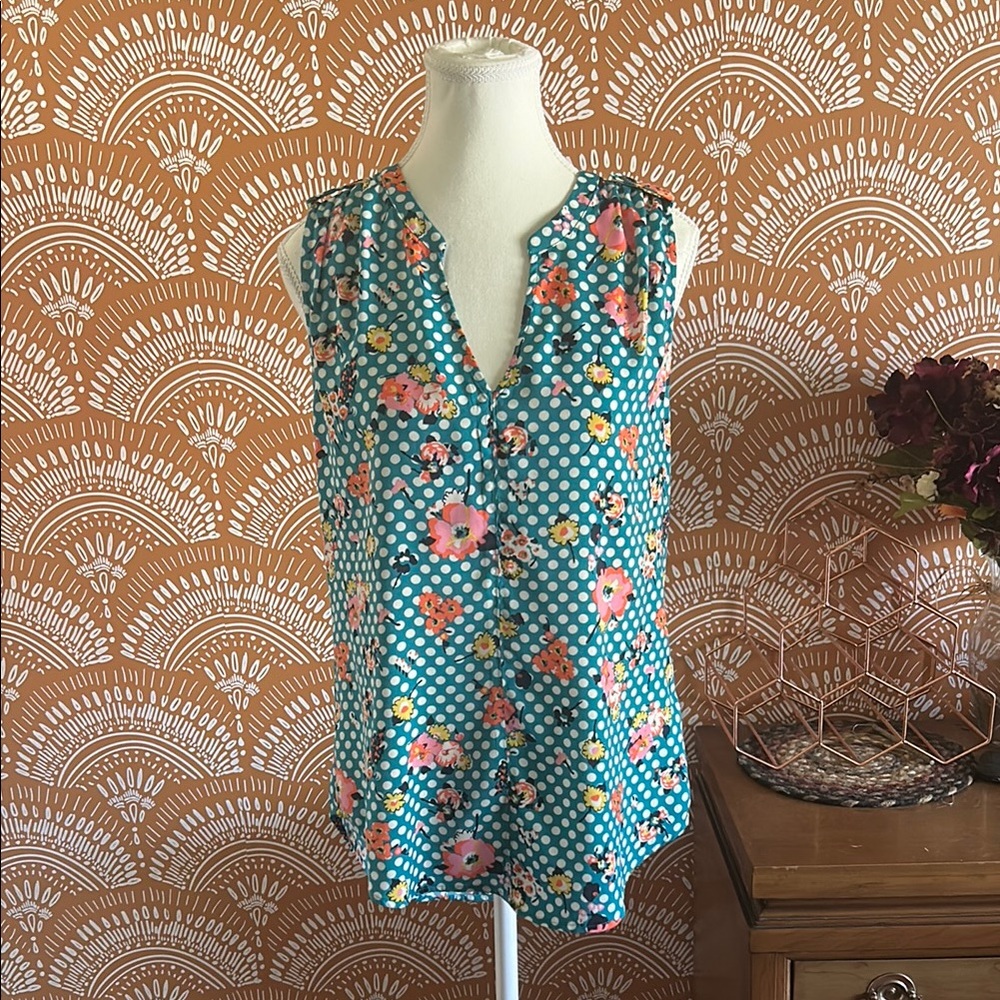 Modcloth Polka Dot Floral Blouse - Teal and Pink